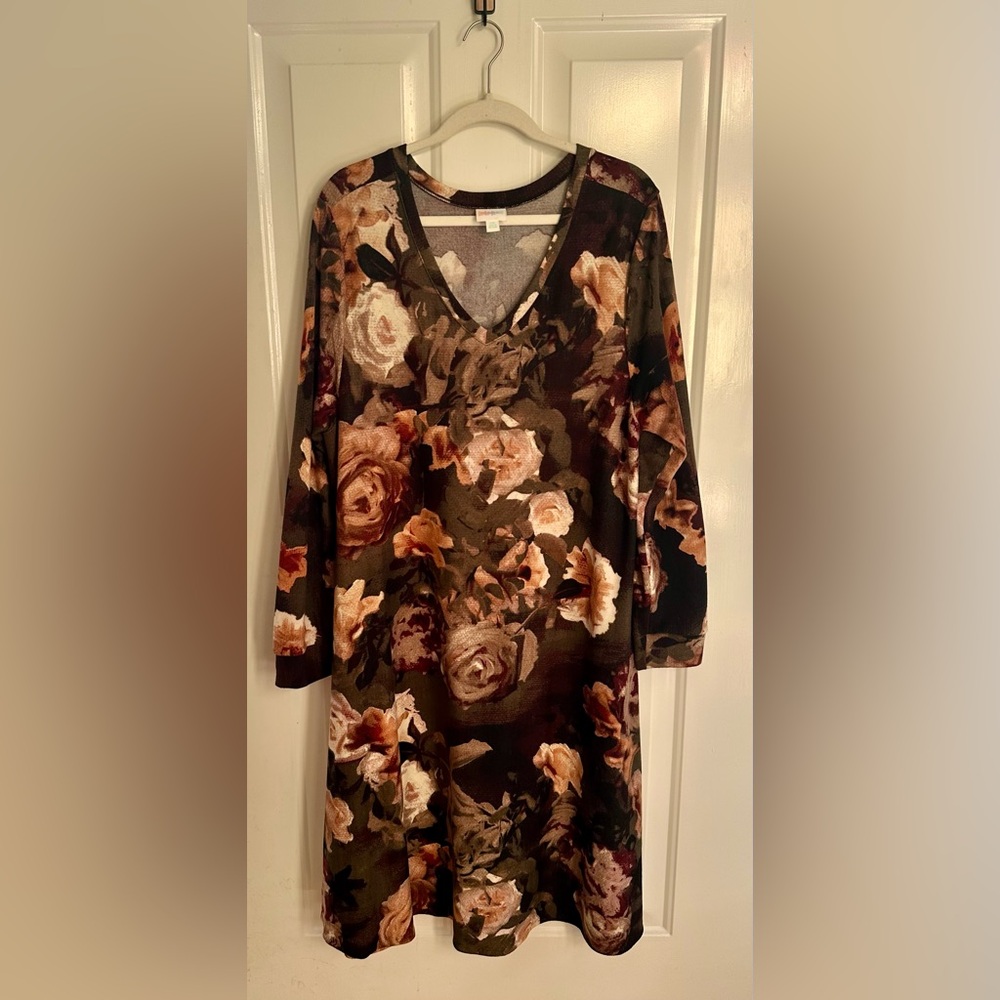LuLaRoe Long Sleeve V-Neck Dress - Brown, Cream & Olive Floral